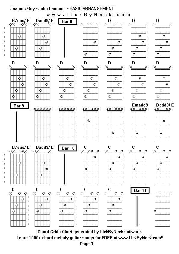 Chord Grids Chart of chord melody fingerstyle guitar song-Jealous Guy - John Lennon   - BASIC ARRANGEMENT,generated by LickByNeck software.